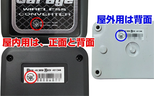 技適マーク設置場所 屋内用は正面と背面 屋外用は背面