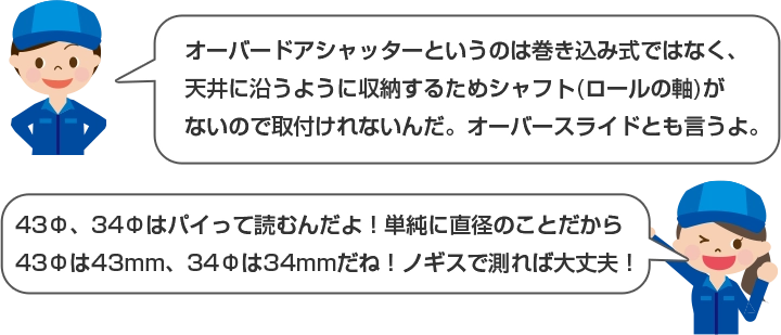 オーバードアシャッターというのは巻き込み式ではなく、天井に沿うように収納するためシャフト(ロールの軸)がないので取付けれないんだ。オーバースライドとも言うよ。 43Φ、34Φパイって読むんだよ！単純に直径の事だから43Φは43mm、34Φは34mmだね！ノギスで測れば大丈夫！