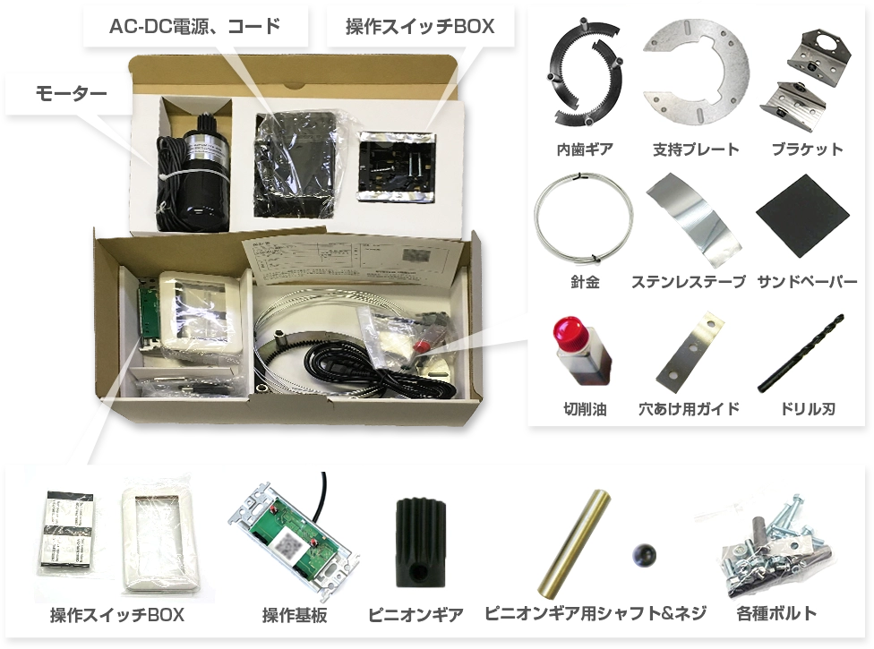 部品一式 モーター AC-DC電源 コード 操作スイッチBOX 内部ギア 支持プレート ブラケット 針金 ステンレステープ サンドペーパー 切削油 穴あけ用ガイド ドリル刃 操作基板 ピニオンギア ピニオンギア用シャフト＆ネジ 各種ボルト